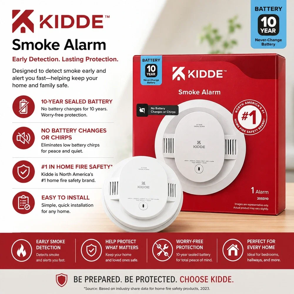 Kidde 20SD10 10-Year Lithium Battery Powered Smoke Detector Never Change Battery